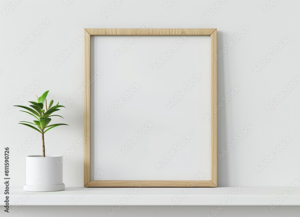 blank wooden picture frame sitting on a white shelf - mockup template blank wooden picture frame sitting on a white shelf - mockup template