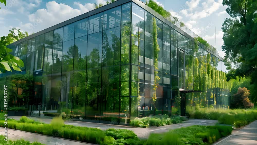 Architecture a modern glass building with a lot of green plants trees and bushes for business architecture environmental friendly, design, exterior, sky, garden Architecture a modern glass building with a lot of green plants trees and bushes for business architecture environmental friendly, design, exterior, sky, garden