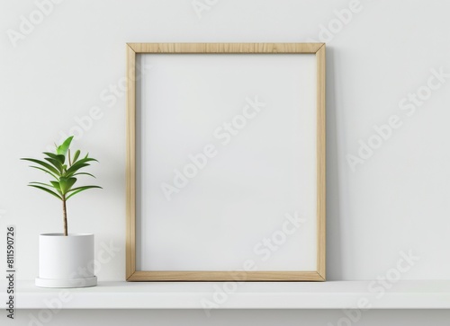 blank wooden picture frame sitting on a white shelf - mockup template
