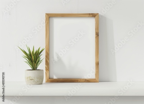 blank wooden picture frame sitting on a white shelf - mockup template