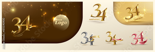 34th anniversary logotype modern gold number with shiny ribbon. alternative logo number Golden anniversary celebration photo
