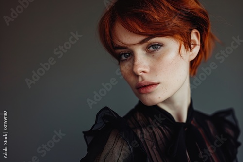 Pensive redheaded woman in black outfit