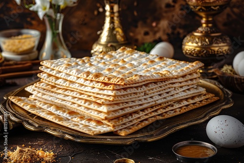 Matzah - Jewish Passover holiday flatbread with honey. photo