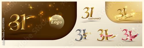 31st anniversary logotype modern gold number with shiny ribbon. alternative logo number Golden anniversary celebration