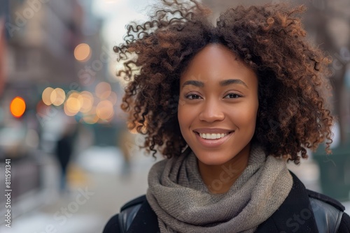 smiling woman with curly hair in city