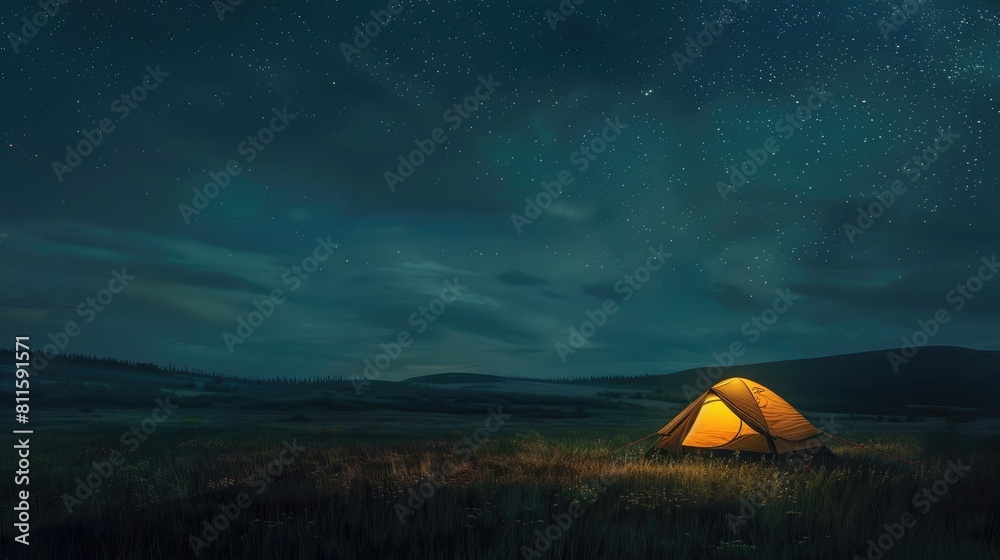 Tent is lit up on the field with a beautiful night sky and stars above