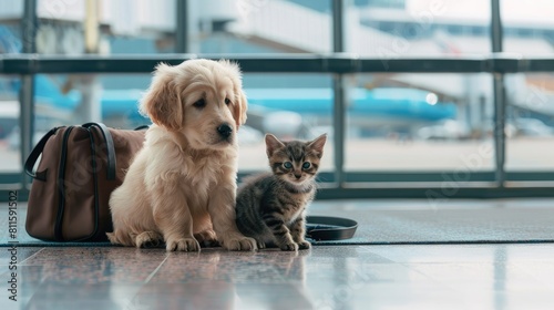 A cat and a dog are seated by luggage in the airport waiting area, Concept of traveling with pets