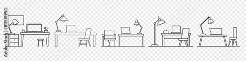Office Desk Icon, Workspace at home icon outline, Workplace or Workspace icon, working table, Work desk vector icon, workspace symbol. Tidy home or office desk. Contour symbol. 