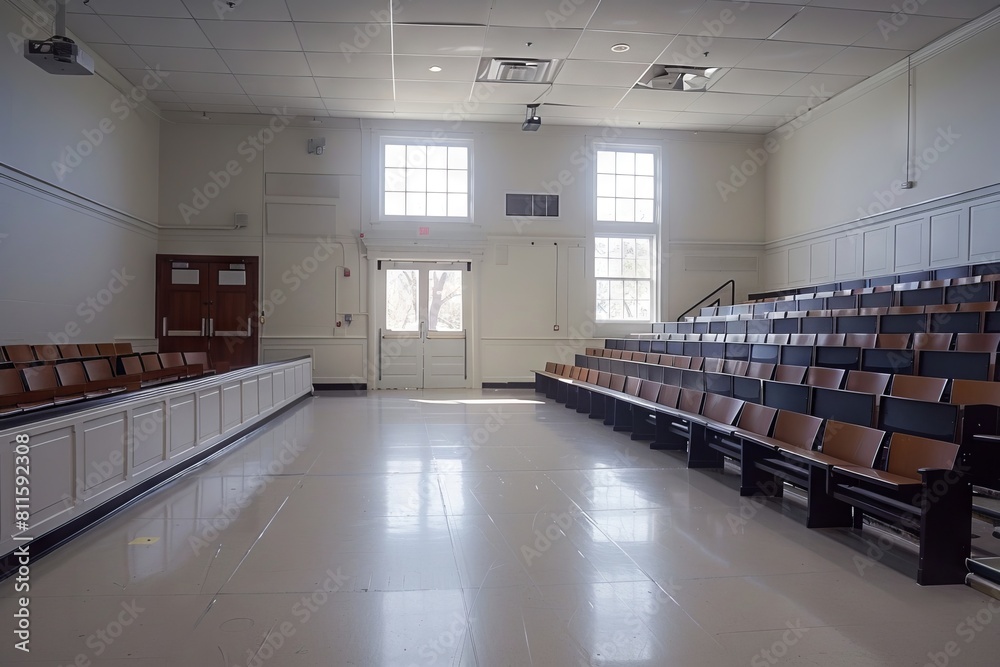 Empty classroom with wooden benches and windows. Empty classroom with wooden benches and windows.