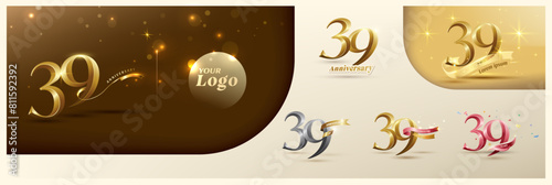 39th anniversary logotype modern gold number with shiny ribbon. alternative logo number Golden anniversary celebration photo