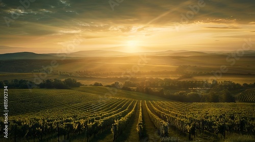 A vineyard at sunset with the sun setting over the hills.