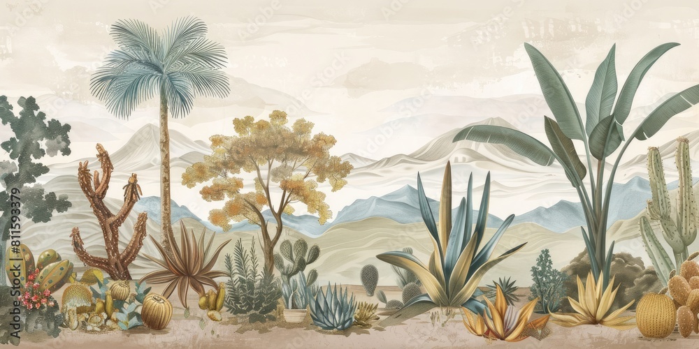 wallpaper landscape with desert and cactus, old drawing vintage