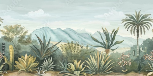 wallpaper landscape with desert and cactus  old drawing vintage