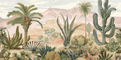 wallpaper landscape with desert and cactus  old drawing vintage 