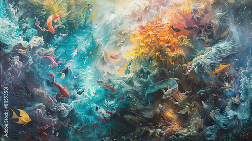 The image is an abstract painting of a coral reef photo
