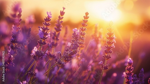 Blooming lavender flowers at sunset in Provence  France. Macro image