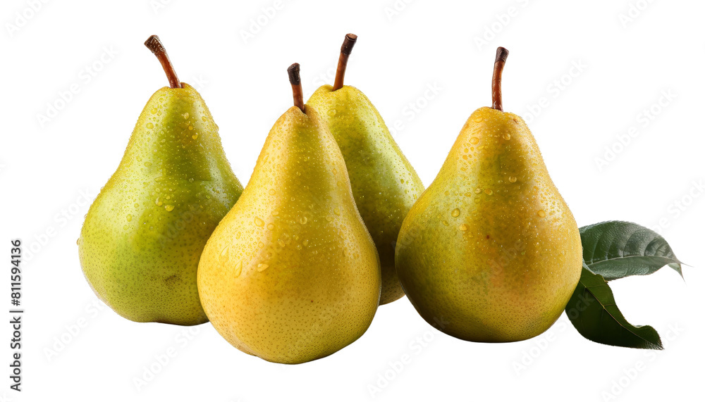 Four ripe juicy pears with water drops on the skin and green leaves isolated on black background. Four ripe juicy pears with water drops on the skin and green leaves isolated on black background.