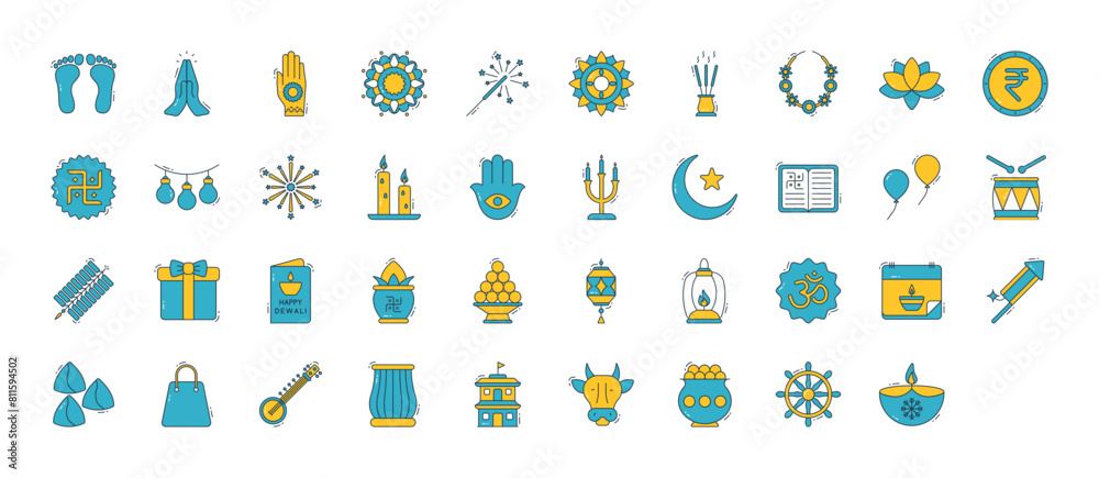 Diwali icons set. such as Foot Print, Prayer, Henna Painted Hand, Rangoli, Sparkler, Mandala, Garland, Incense Sticks, Lotus, Indian Rupee, Swastika, Light Bulbs and Fireworks vector illustration.