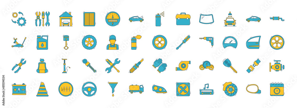Car service icons set. such as Mechanism, Work Tool, Air Filter, Electric Meter, Garage, Broken Car, Aerosol, Windscreen, Car Wash, Engine, Exhaust, Jack, Piston, Fuel and Tire vector illustration. Car service icons set. such as Mechanism, Work Tool, Air Filter, Electric Meter, Garage, Broken Car, Aerosol, Windscreen, Car Wash, Engine, Exhaust, Jack, Piston, Fuel and Tire vector illustration.