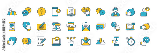 Feedback icons set. such as Location Mark, Question, Reliable, Social Media, Testimonials, Online Survey, Feedback, Chat, Support, Customer Experience and Bad Feedback  vector illustration.