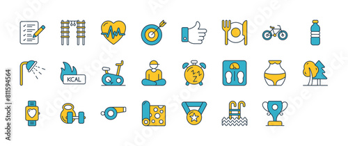Fitness icons set. such as Plan, Jungle Gym, Cardio, Darts, Healthy Food, Calorie, Bike, Thumb, Water, Medal, Cycling, Sleep, Shower, Weight Scale, Outdoor and Smartwatch vector illustration.
