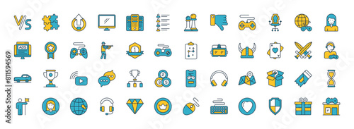 Online Games icons set. such as Level Up, Puzzle, Desktop, Headphone, Servers, Friendlist, Chess, Video Game, Gaming Chair, Online Gaming and Character, Reward, Game Pad vector illustration.