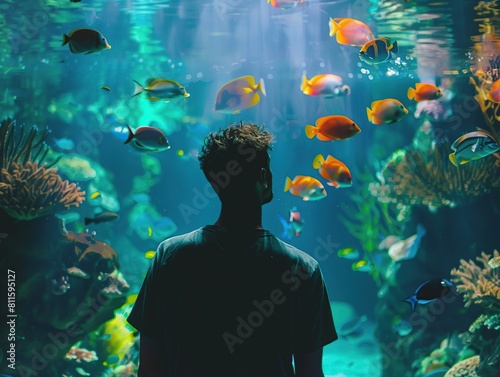 A man looks at an assortment of fish in the aquarium.