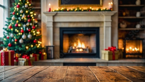 Christmas and New year background with empty dark wooden deck table over christmas tree and blurred light bokeh.