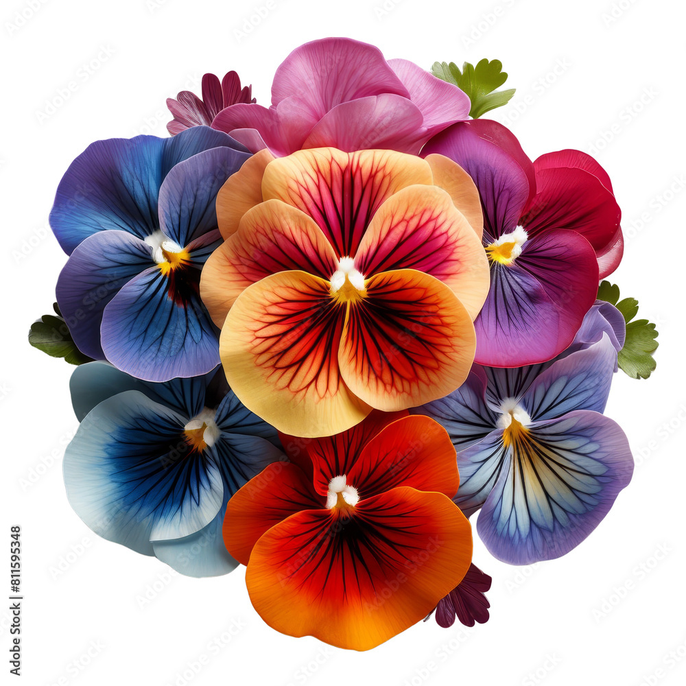 The image shows a bouquet of colorful pansies The image shows a bouquet of colorful pansies
