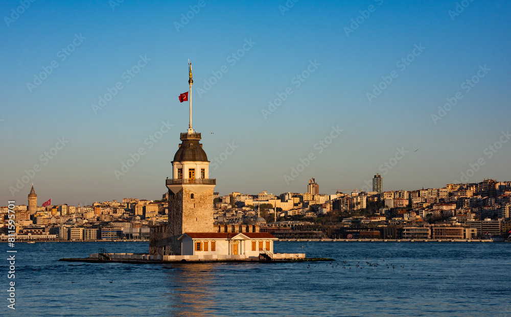 Maiden's Tower with beautiful sunrise sky in Istanbul, Turkey. (Turkish Name: Kiz Kulesi). Colorful sunrise sky in Istanbul. Maiden's Tower with beautiful sunrise sky in Istanbul, Turkey. (Turkish Name: Kiz Kulesi). Colorful sunrise sky in Istanbul.