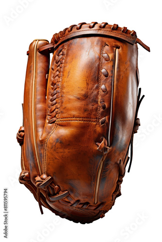 This is a well-worn baseball catcher's mitt. It is made of brown leather and has red stitching. The mitt is old and has been used a lot. photo