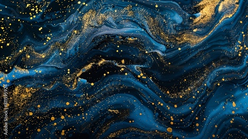 Blue and black acrylic paints with golden glitter. Liquid paint abstract background.