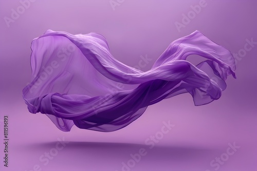 A purple fabric is floating in the air. The image has a dreamy, ethereal quality to it, as if the fabric is being carried by a gentle breeze. The color purple is dominant in the image