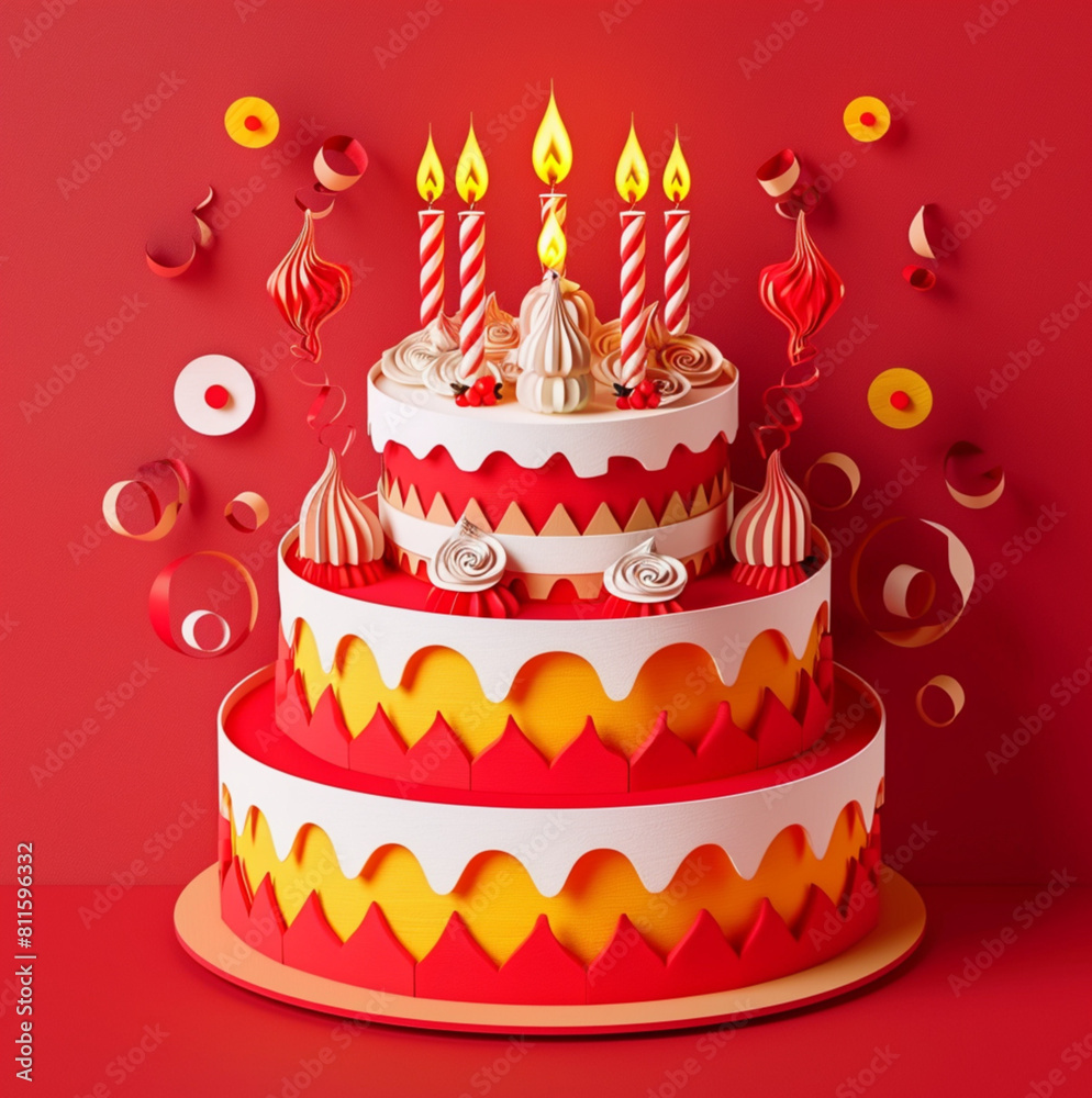 birthday cake paper cut style just red color, strawberry cake red background birthday cake paper cut style just red color, strawberry cake red background