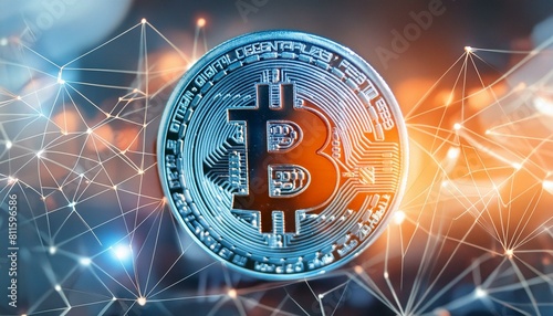 Bitcoin logo with connecting dots and lines, blockchain technology with blue and orange style dollar, money, symbol, business, sign, illustration, currency, finance photo
