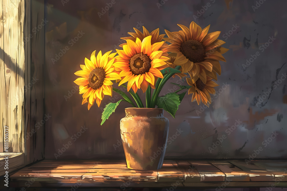 An illustration of a vase of sunflowers made with a bright and cheerful ...