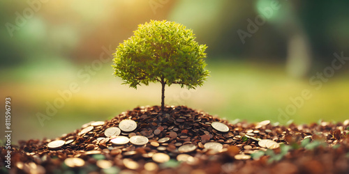 A small plant growing on pile of gold coin  tree thrive on money represent compound effect on financial investing of savings