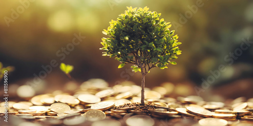 A tree grow in middle of gold coin or money, concept on financial compounding investment, opportunity of gold investing 