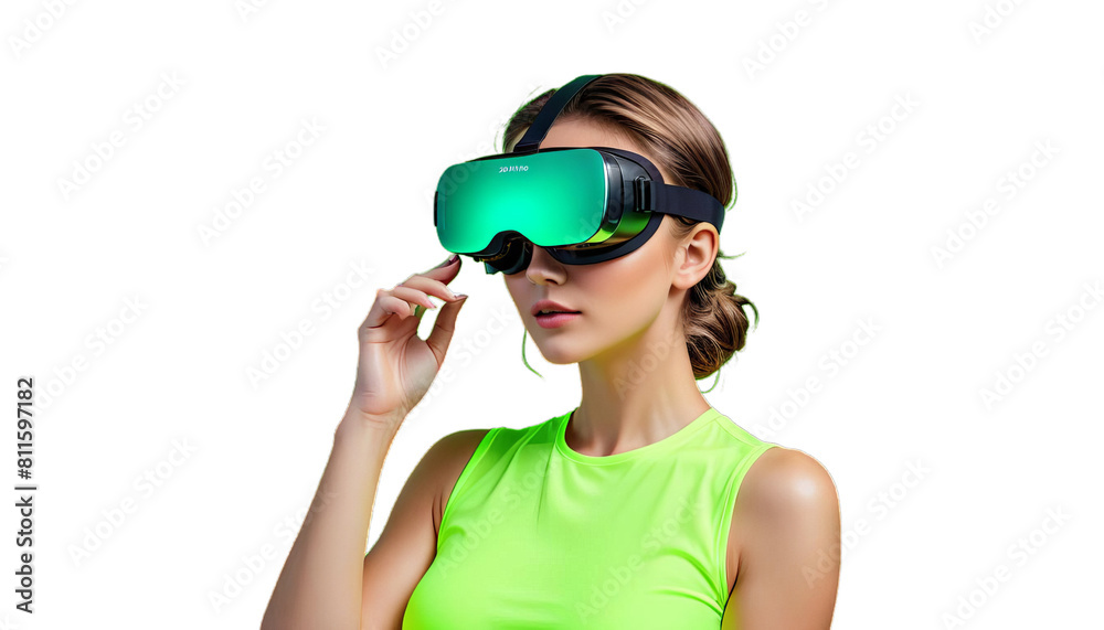 wearing background female illustration quality green banner neon adset goggles high watching copy vr video aring woman generativesimulation cyberspace young vision equipment future fun concept dark