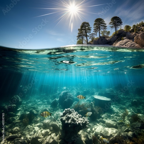 A beautiful underwater scene of the ocean floor with coral reefs. Generative AI.
