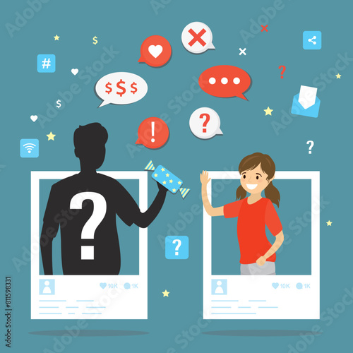 People talking in social network. girl communicates with an anonymous person on social network. Danger of talking to strangers, bait for the gullible, cyber bullying,