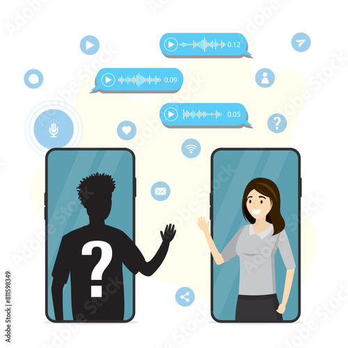Trusting woman communicates with stranger on social media. Communication by voice messages with an anonymous person. Danger of hacker attack, scam or cyberbullying.