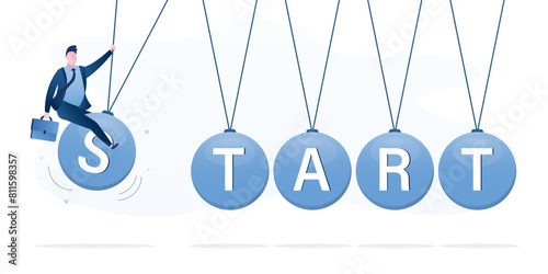 Businessman swinging on ball and launching pendulum with inscription - start. Startup or new business project launch, introducing innovations to generate additional profit,