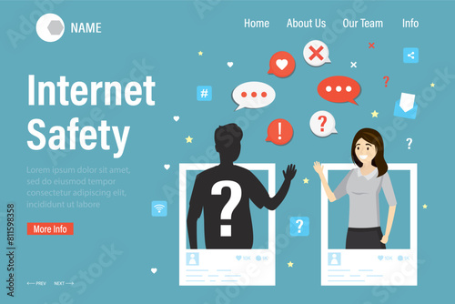 Internet safety, landing page template. Trusting woman communicates with stranger on social media. Talking with an anonymous. Danger of hacker attack, scam or cyberbullying.