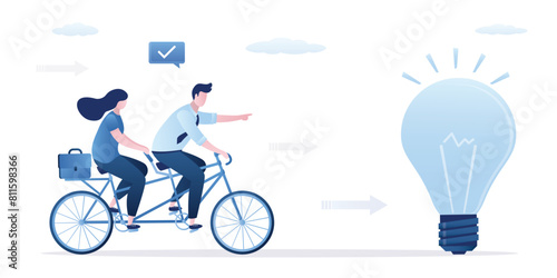 Business team on tandem bike getting idea as light bulb. Symbol of leadership, new Idea, innovations, successful brainstorming and teamwork. Co-founders pitching new ideas.