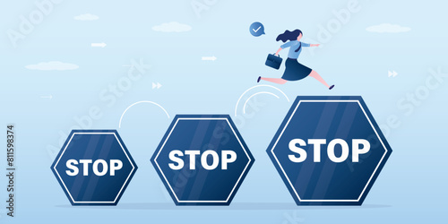 Businesswoman jumping from small to big stop sign. Overcoming obstacles, barriers, liberation from stereotypes. Freedom of choice, equality, human rights.