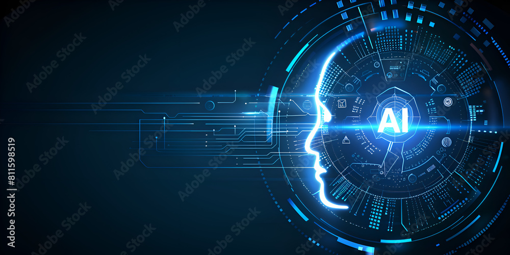 A blue and white image of a face with the word AI written in blue. The image has a futuristic and technological feel to it. Generative AI A blue and white image of a face with the word AI written in blue. The image has a futuristic and technological feel to it. Generative AI