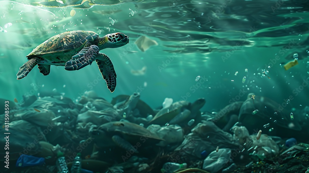 Endangered Species Day. Sea turtles have difficulty swimming due to marine pollution with plastic waste