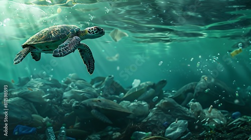 Endangered Species Day. Sea turtles have difficulty swimming due to marine pollution with plastic waste © amfibii