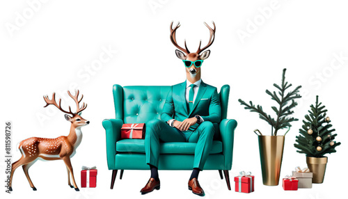 pastel xmas hipster animal sunglasses deer background chair suit banner trendy business green creative teal sitting concept boss cervid santa reindeer christmas stylish popular money wealthy lucky